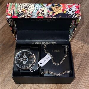 Ed Hardy Black Watch and Silver Jewelry Set